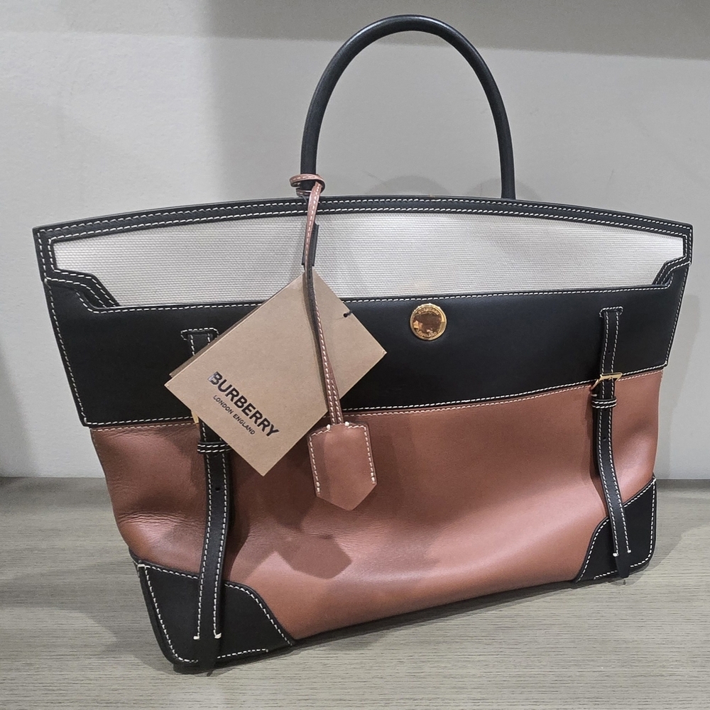 NWT BURBERRY Calfskin Medium Society Top Handle Bag in Black and Brown.